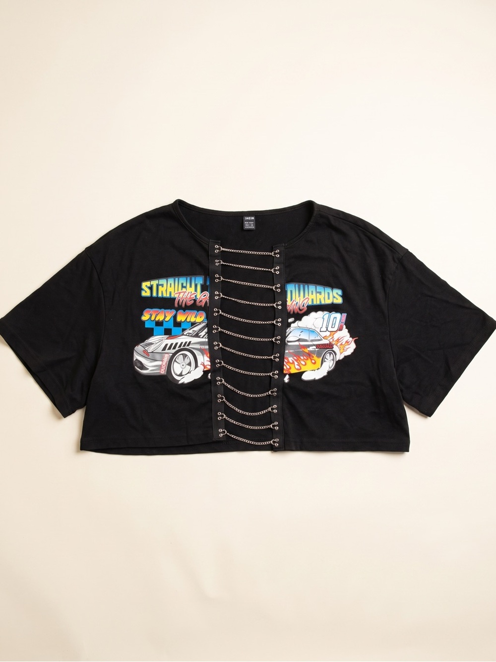 SHEIN Black Graphic Chain-Lace Crop Tee with Racing Print